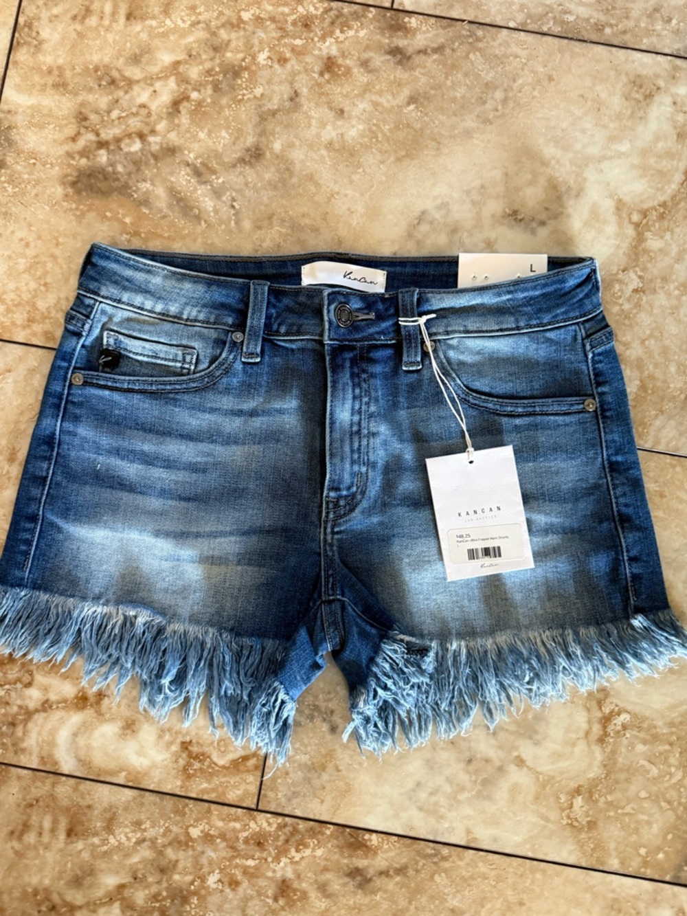KanCan Medium Blue Frayed Hem Denim Shorts